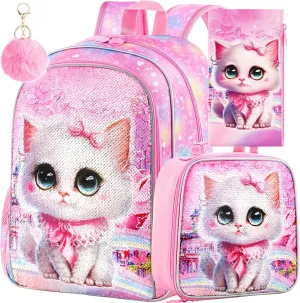 CCJPX 3PCS Cat Backpack for Girls, 16" Kids Bookbag and Lunch Box for Elementary School Toddler Kindergarten Preschool