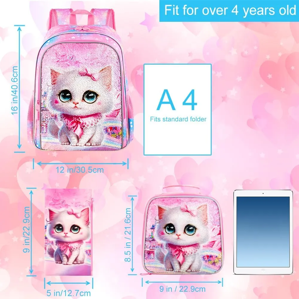 CCJPX 3PCS Cat Backpack for Girls, 16" Kids Bookbag and Lunch Box for Elementary School Toddler Kindergarten Preschool
