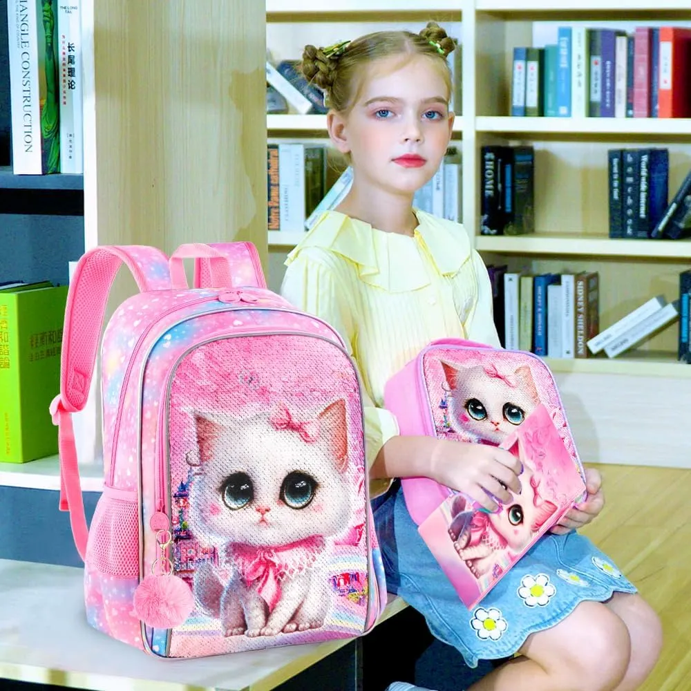 CCJPX 3PCS Cat Backpack for Girls, 16" Kids Bookbag and Lunch Box for Elementary School Toddler Kindergarten Preschool