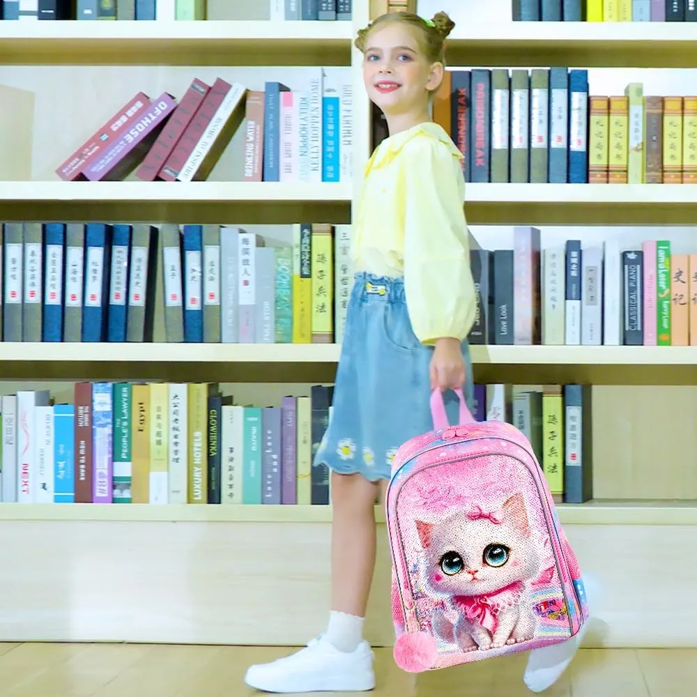 CCJPX 3PCS Cat Backpack for Girls, 16" Kids Bookbag and Lunch Box for Elementary School Toddler Kindergarten Preschool