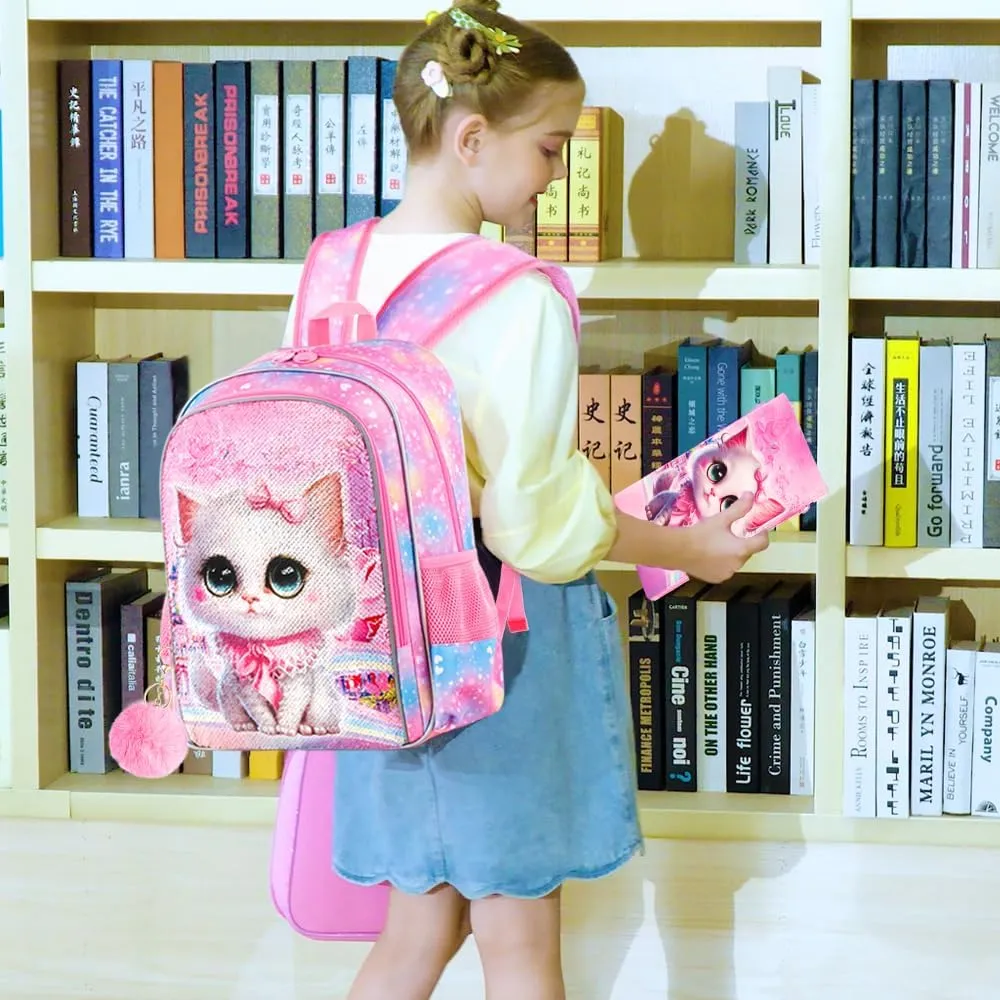 CCJPX 3PCS Cat Backpack for Girls, 16" Kids Bookbag and Lunch Box for Elementary School Toddler Kindergarten Preschool