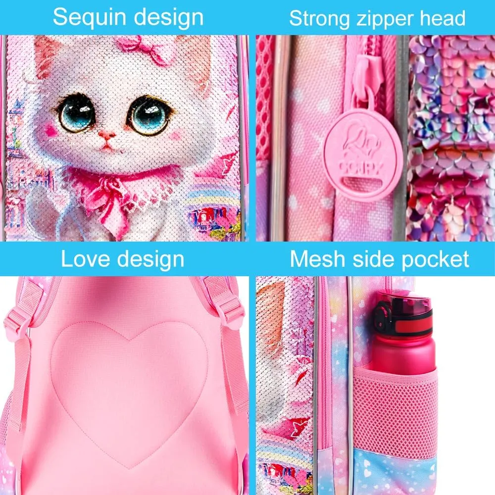 CCJPX 3PCS Cat Backpack for Girls, 16" Kids Bookbag and Lunch Box for Elementary School Toddler Kindergarten Preschool