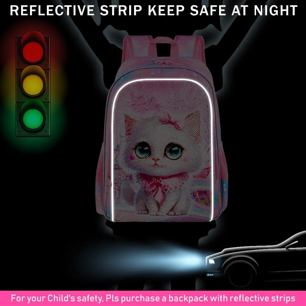 CCJPX 3PCS Cat Backpack for Girls, 16" Kids Bookbag and Lunch Box for Elementary School Toddler Kindergarten Preschool