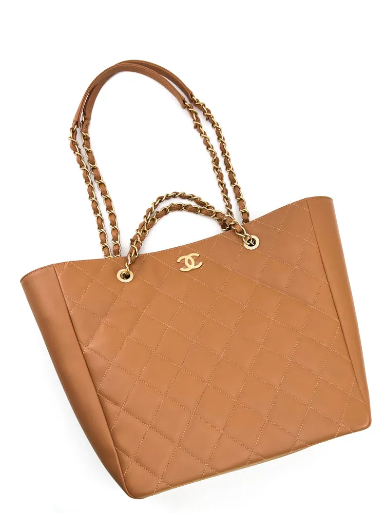 Chanel Gold Quilted Calfskin Leather Chain Shopping Tote Bag