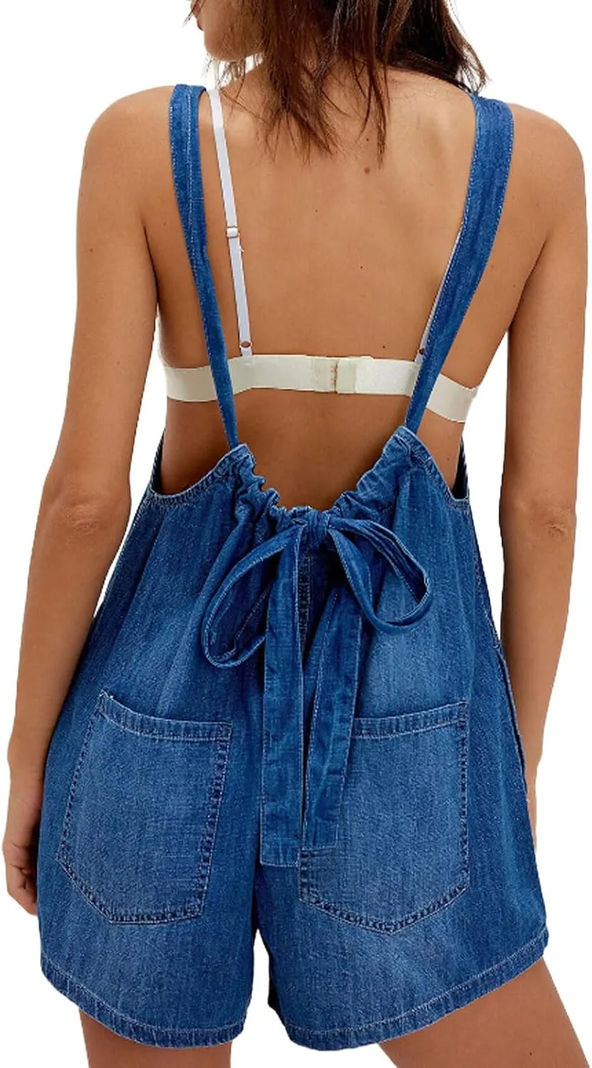CHARTOU Women Denim Romper Shorts Adjustable Strap Open Back Lace Up Lightweight Jean Overalls