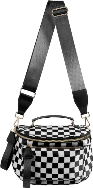 Checkered Crossbody Bag Bum Bag For Women,Spacious Checkered Purse Fanny Packs,Upgraded Version With Carry Handle (Handle Checkered - Black)