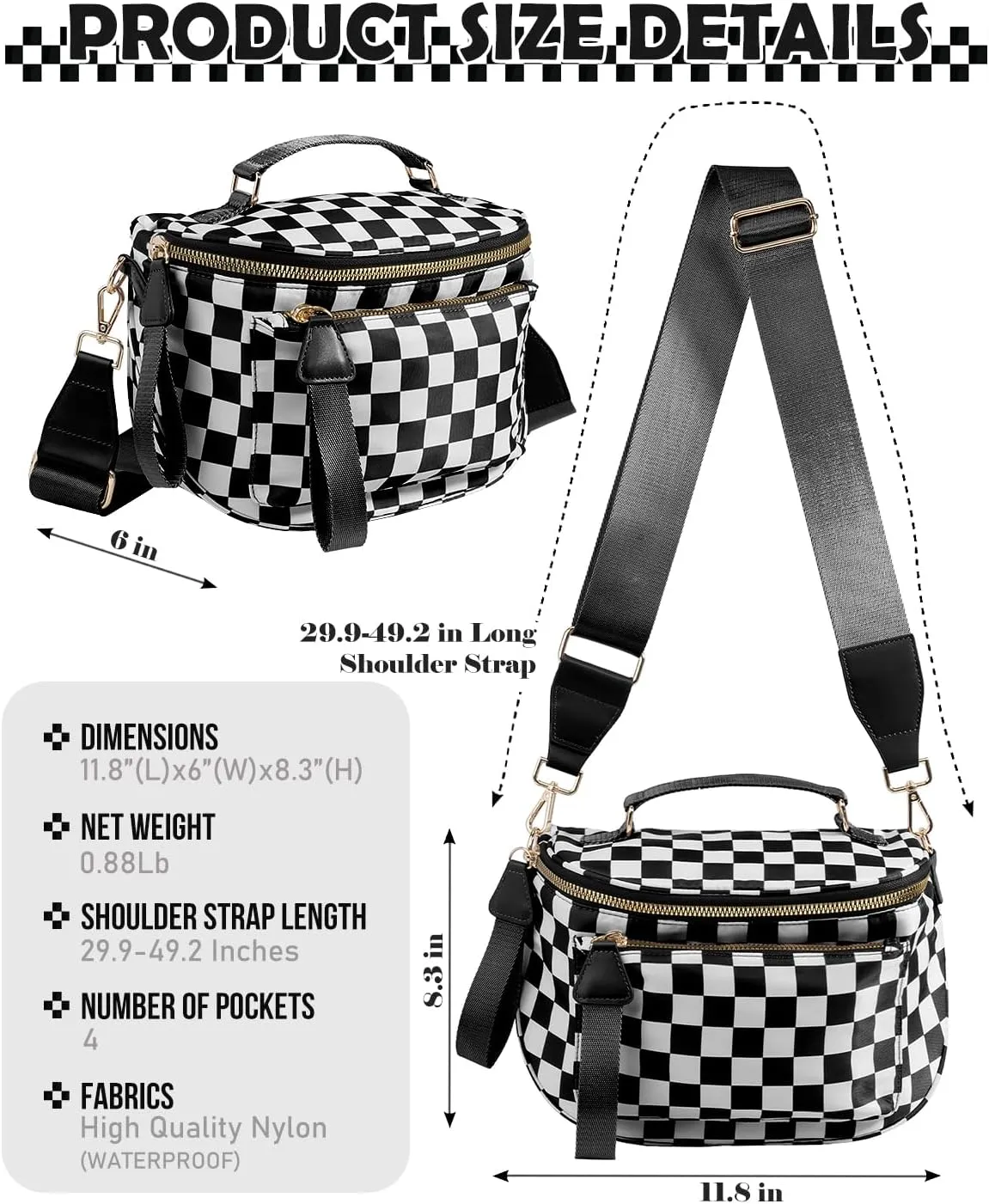 Checkered Crossbody Bag Bum Bag For Women,Spacious Checkered Purse Fanny Packs,Upgraded Version With Carry Handle (Handle Checkered - Black)