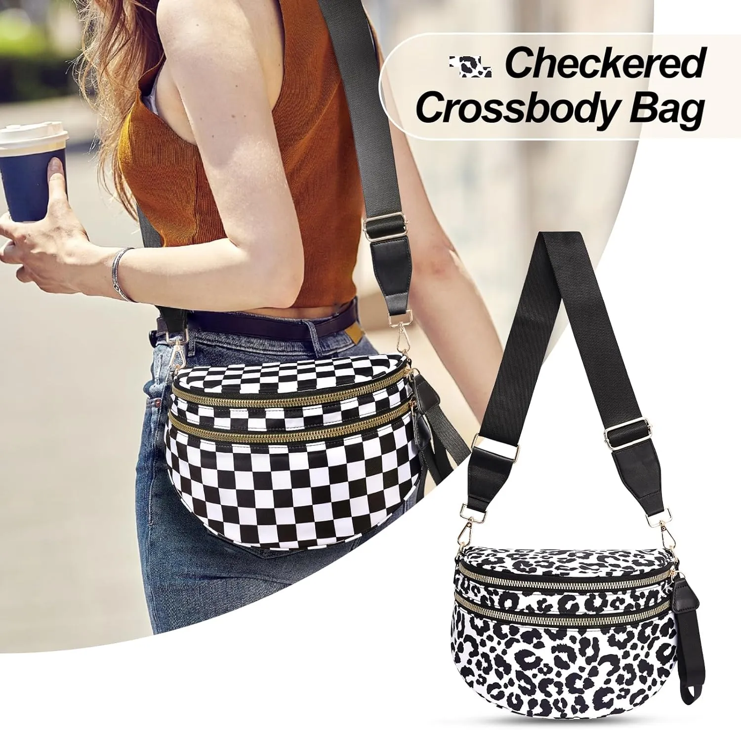 Checkered Crossbody Bag,Nylon Bum Bags for Women Crossbody,Spacious Sling Bag Purse Fanny Packs with Shoulder Strap