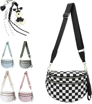 Checkered Crossbody Bag,Nylon Crossbody Bags for Wome Black and White Checkered Purse Belt Bag Oversized Fanny Pack (Black)