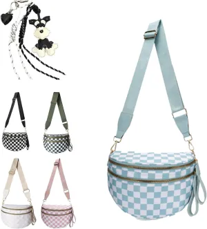 Checkered Crossbody Bag,Nylon Crossbody Bags for Wome Black and White Checkered Purse Belt Bag Oversized Fanny Pack (Blue)