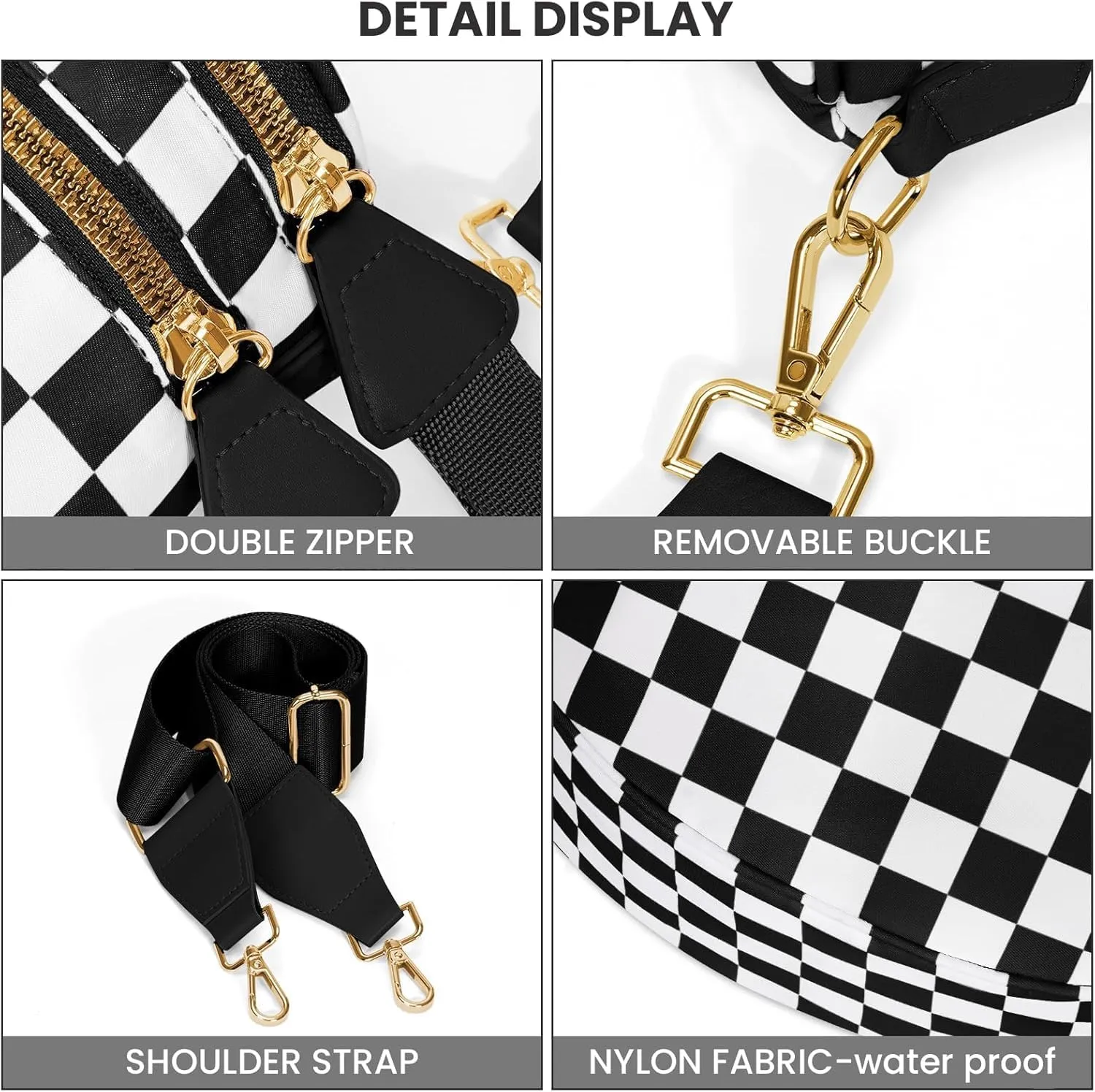 Checkered Crossbody Bag,Nylon Crossbody Bags for Wome Black and White Checkered Purse Belt Bag Oversized Fanny Pack (Pink)