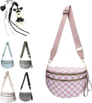 Checkered Crossbody Bag,Nylon Crossbody Bags for Wome Black and White Checkered Purse Belt Bag Oversized Fanny Pack (Pink)