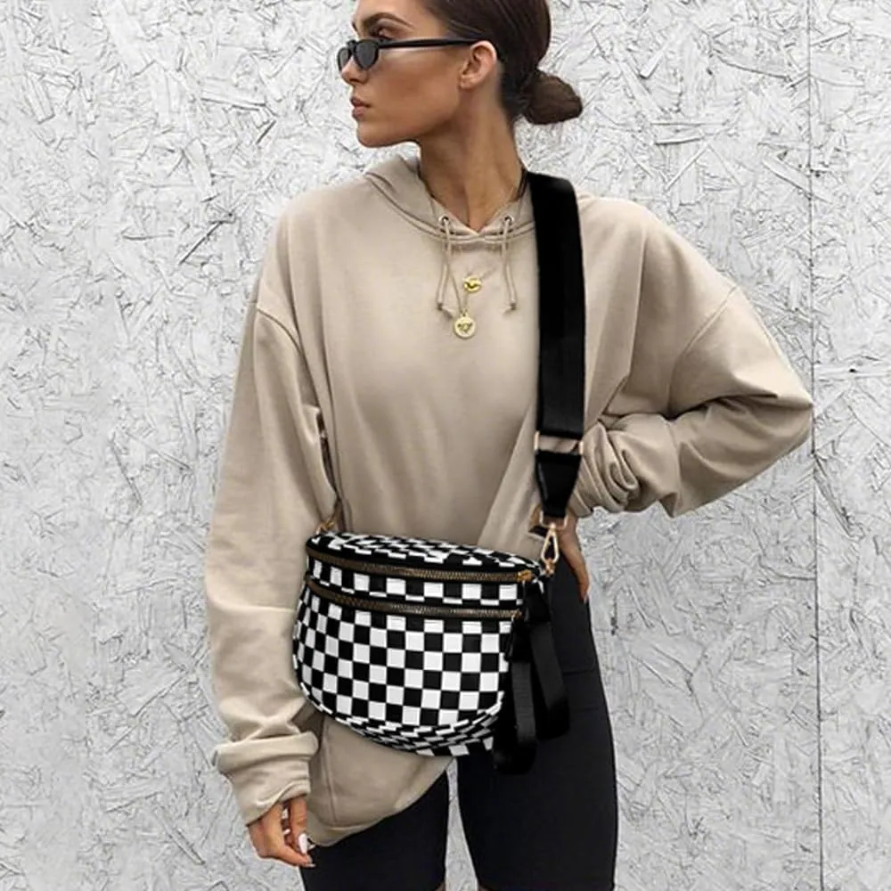 Checkered Crossbody Bag,Nylon Crossbody Bags for Wome Black and White Checkered Purse Belt Bag Oversized Fanny Pack (Pink)