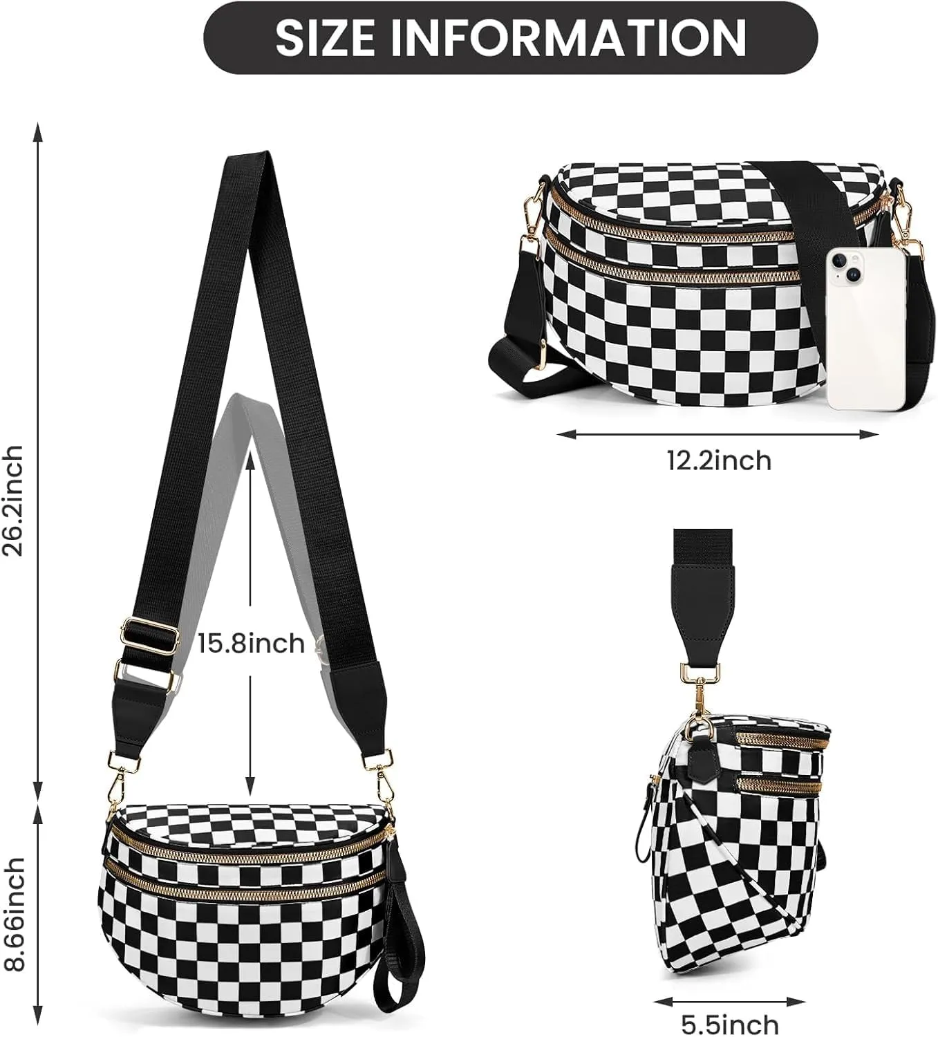 Checkered Crossbody Bag,Nylon Crossbody Bags for Wome Black and White Checkered Purse Belt Bag Oversized Fanny Pack (Pink)