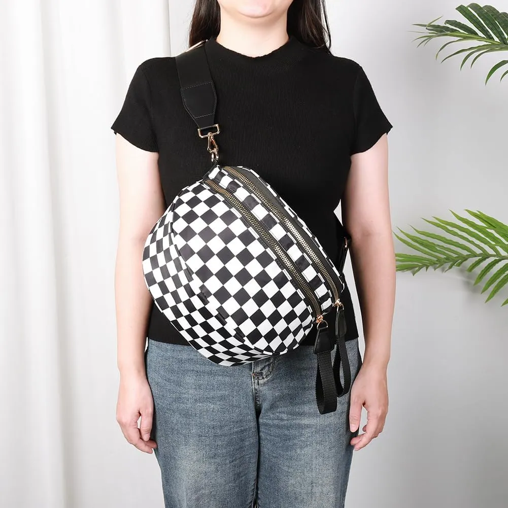 Checkered Crossbody Bags Purse Fanny Packs for Women Checkerboard Bum Sling Nylon Belt Bag Handbags Trendy