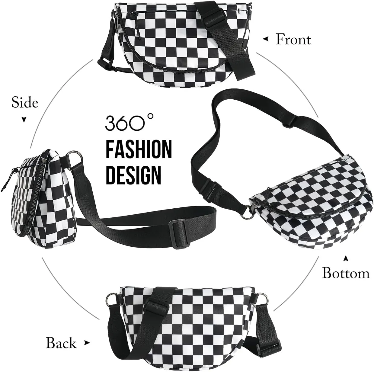 Checkered Crossbody Messenger Bag, Black and White Pattern, Adjustable Shoulder Strap
