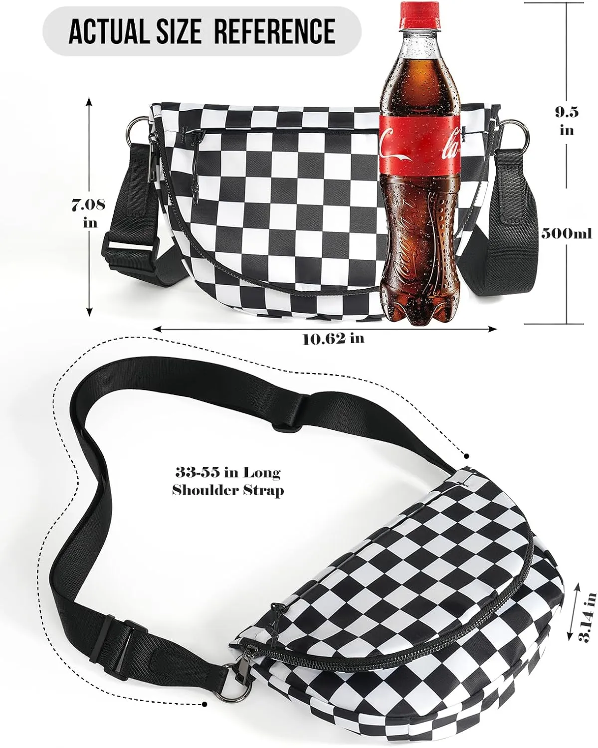 Checkered Crossbody Messenger Bag, Black and White Pattern, Adjustable Shoulder Strap