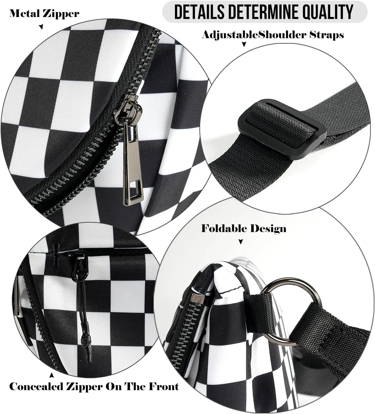 Checkered Crossbody Messenger Bag, Black and White Pattern, Adjustable Shoulder Strap
