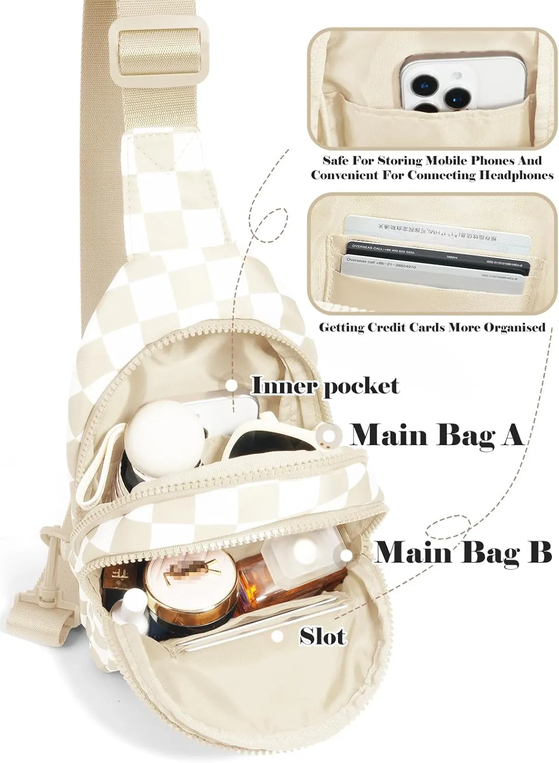 Checkered Sling Bag for Women Small Backpack Crossbody Chest Bag Fanny Packs Purses (Checkered Sling Bag - Beige)