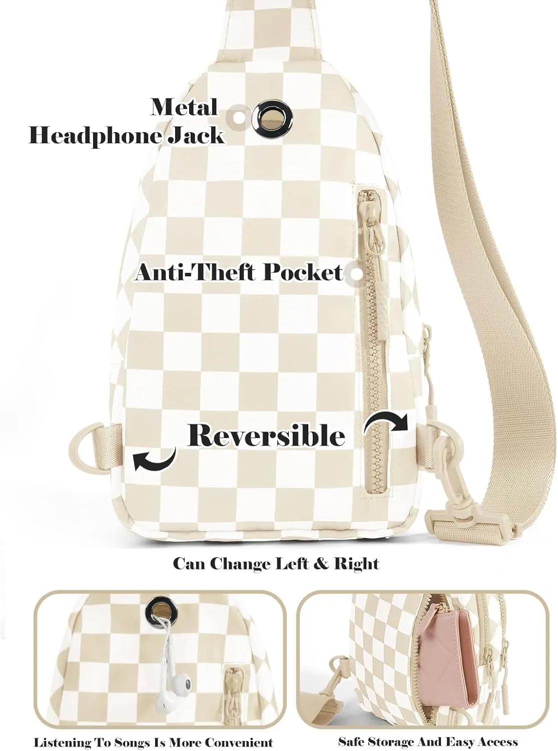Checkered Sling Bag for Women Small Backpack Crossbody Chest Bag Fanny Packs Purses (Checkered Sling Bag - Beige)