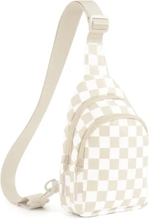 Checkered Sling Bag for Women Small Backpack Crossbody Chest Bag Fanny Packs Purses (Checkered Sling Bag - Beige)