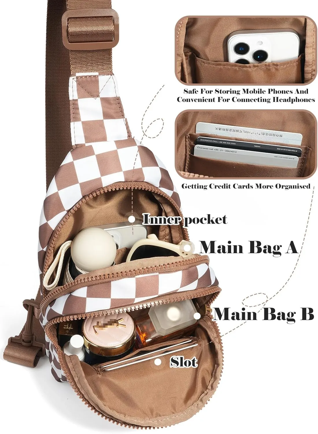 Checkered Sling Bag for Women Small Backpack Crossbody Chest Bag Fanny Packs Purses for Casual Traveling Hiking (Checkered Sling Bag-Brown)