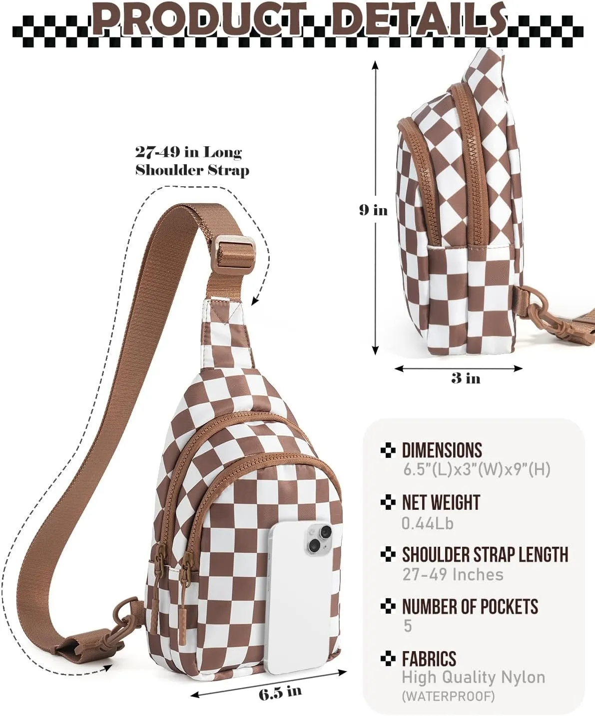 Checkered Sling Bag for Women Small Backpack Crossbody Chest Bag Fanny Packs Purses for Casual Traveling Hiking (Checkered Sling Bag-Brown)