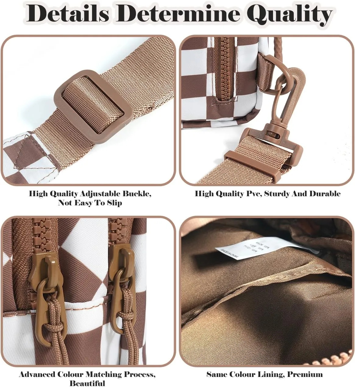 Checkered Sling Bag for Women Small Backpack Crossbody Chest Bag Fanny Packs Purses for Casual Traveling Hiking (Checkered Sling Bag-Brown)