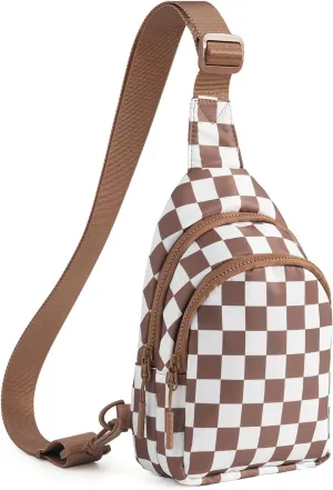 Checkered Sling Bag for Women Small Backpack Crossbody Chest Bag Fanny Packs Purses for Casual Traveling Hiking (Checkered Sling Bag-Brown)