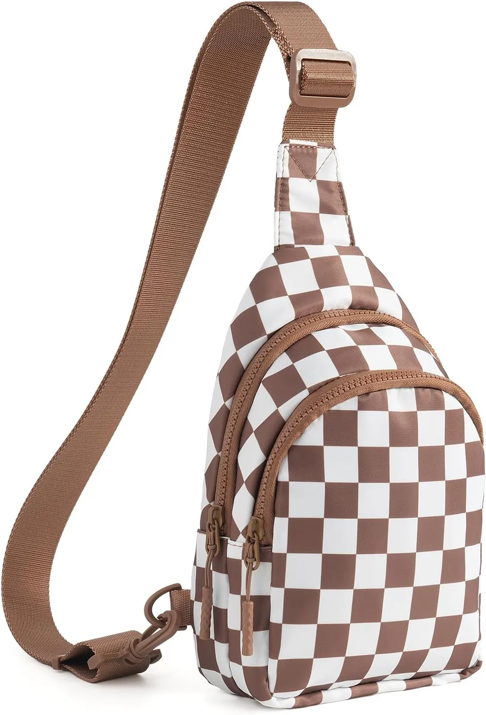 Checkered Sling Bag for Women Small Backpack Crossbody Chest Bag Fanny Packs Purses for Casual Traveling Hiking (Checkered Sling Bag-Brown)