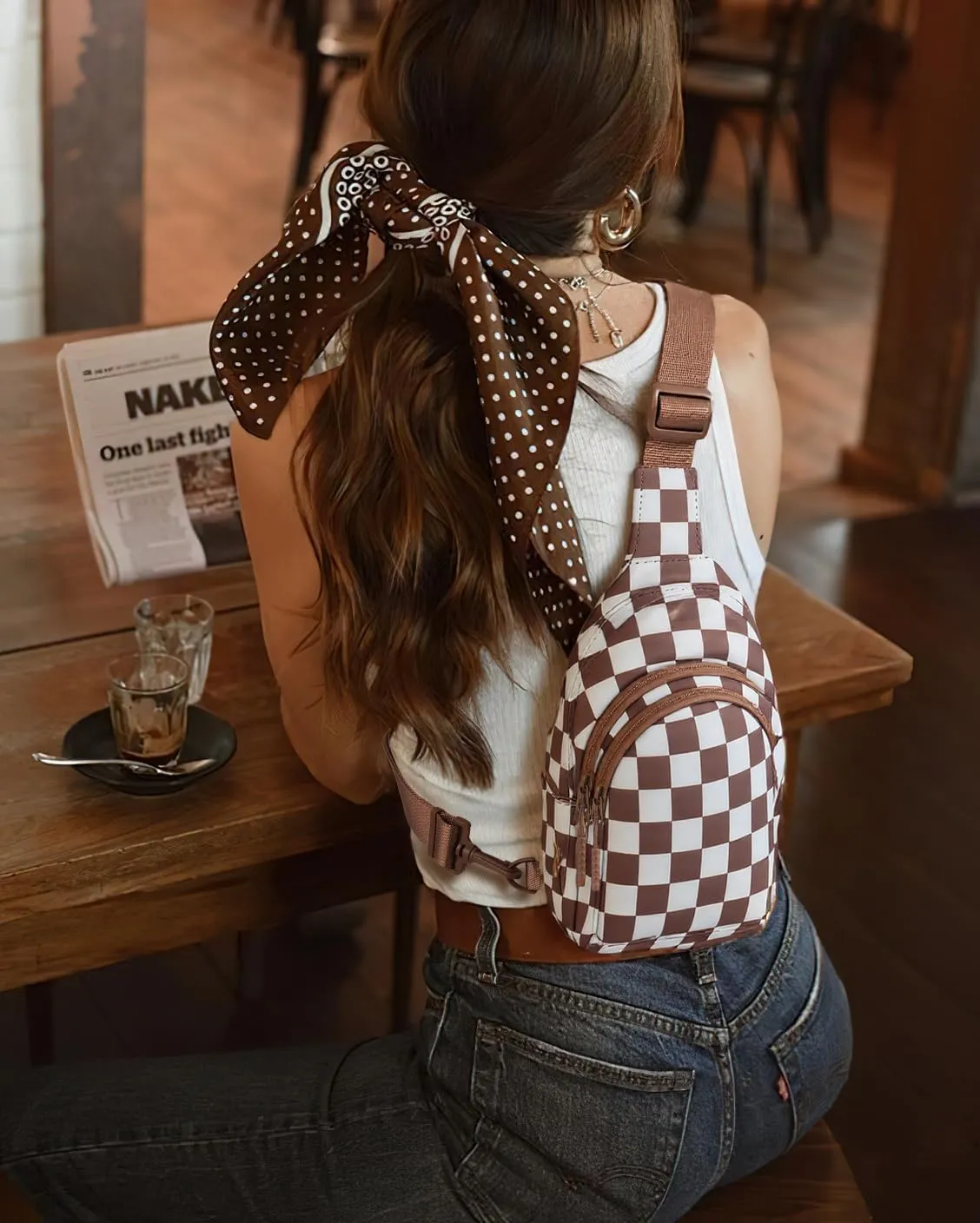 Checkered Sling Bag for Women Small Backpack Crossbody Chest Bag Fanny Packs Purses for Casual Traveling Hiking (Checkered Sling Bag-Brown)
