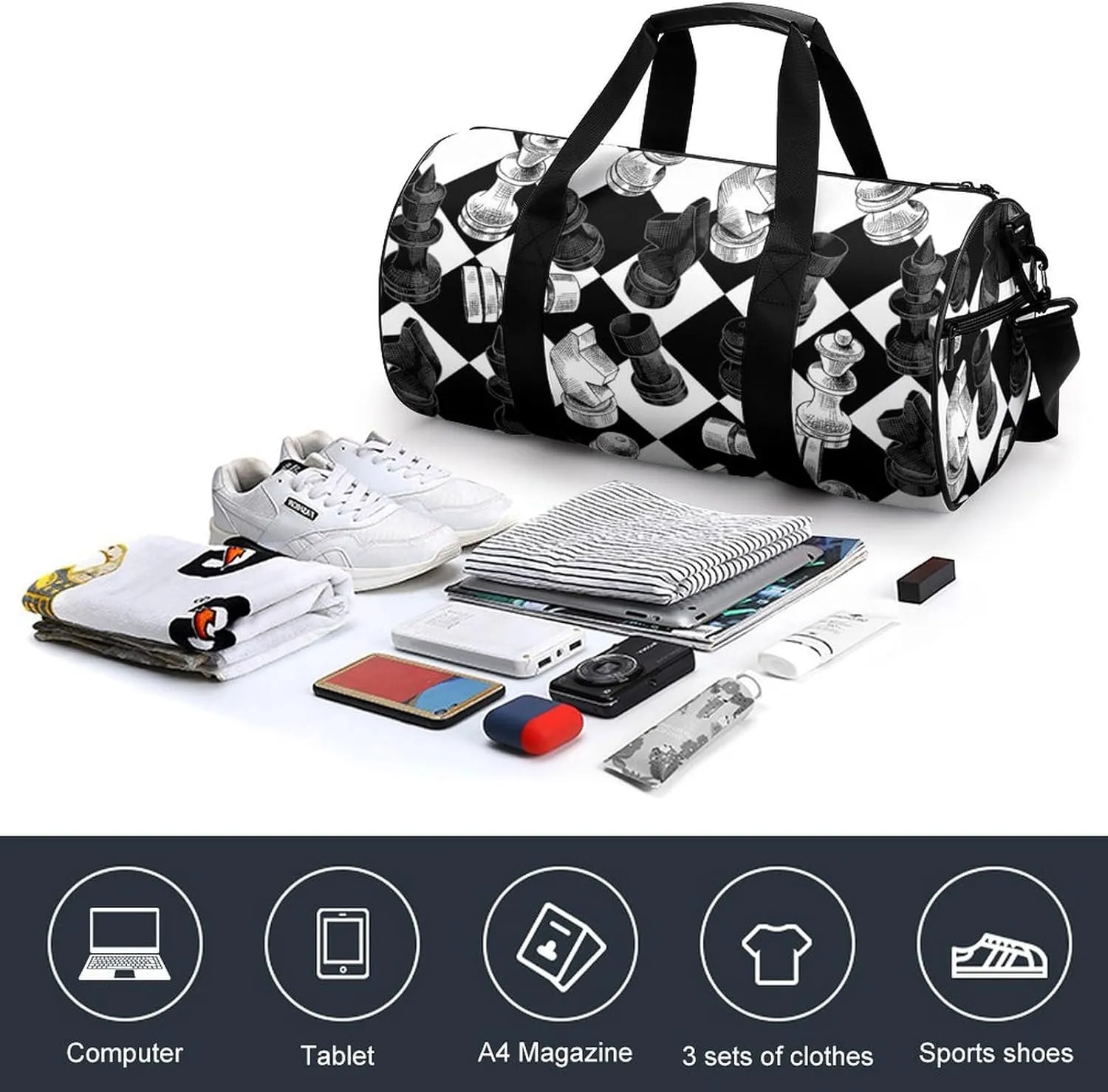 Chess Pattern Duffelbag Outdoor Tote Bag Cylindrical Duffelbags Picnic Bags Easy Carry Satchels Travel Handbag Convertible Duffle 17.7in/9in/9in