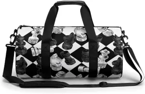 Chess Pattern Duffelbag Outdoor Tote Bag Cylindrical Duffelbags Picnic Bags Easy Carry Satchels Travel Handbag Convertible Duffle 17.7in/9in/9in
