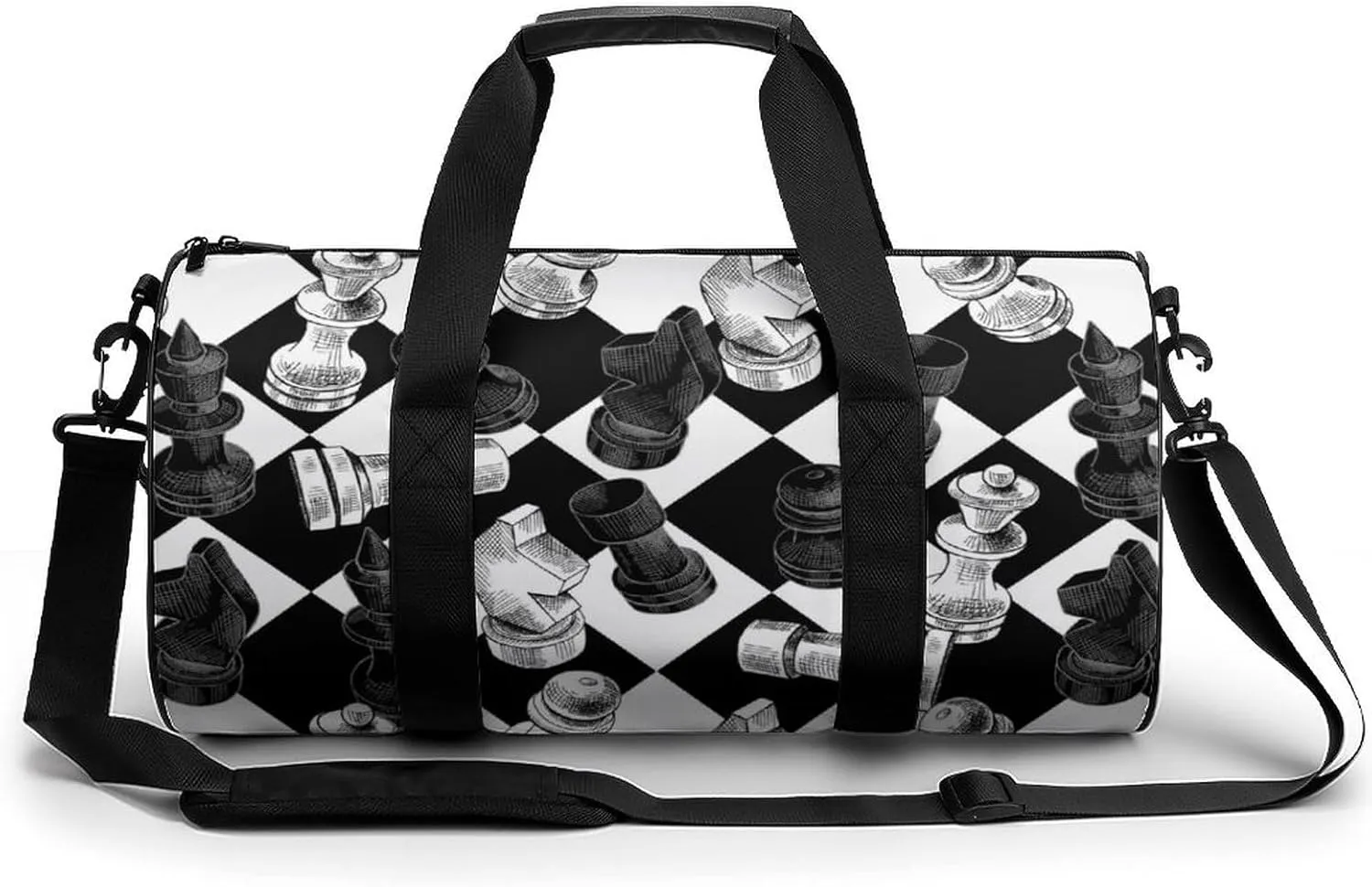 Chess Pattern Duffelbag Outdoor Tote Bag Cylindrical Duffelbags Picnic Bags Easy Carry Satchels Travel Handbag Convertible Duffle 17.7in/9in/9in