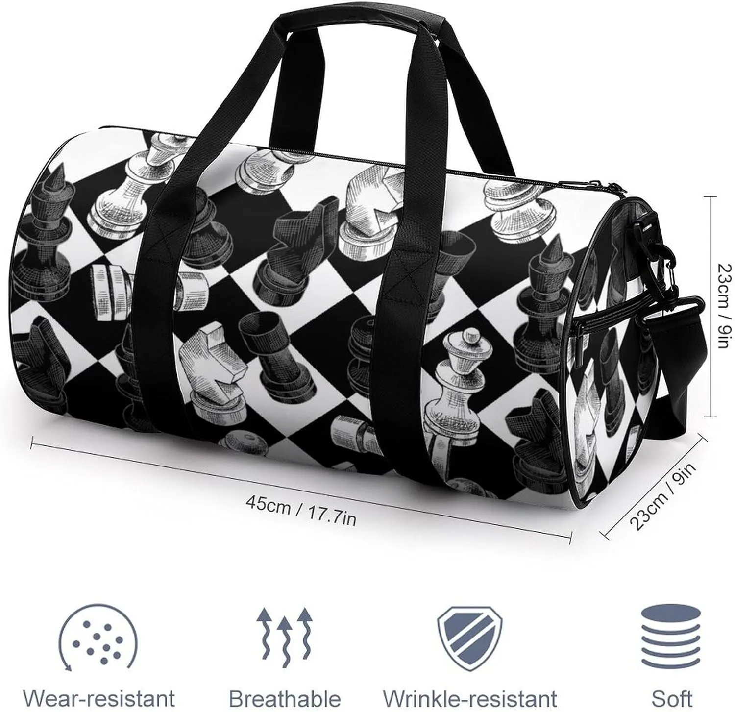 Chess Pattern Duffelbag Outdoor Tote Bag Cylindrical Duffelbags Picnic Bags Easy Carry Satchels Travel Handbag Convertible Duffle 17.7in/9in/9in