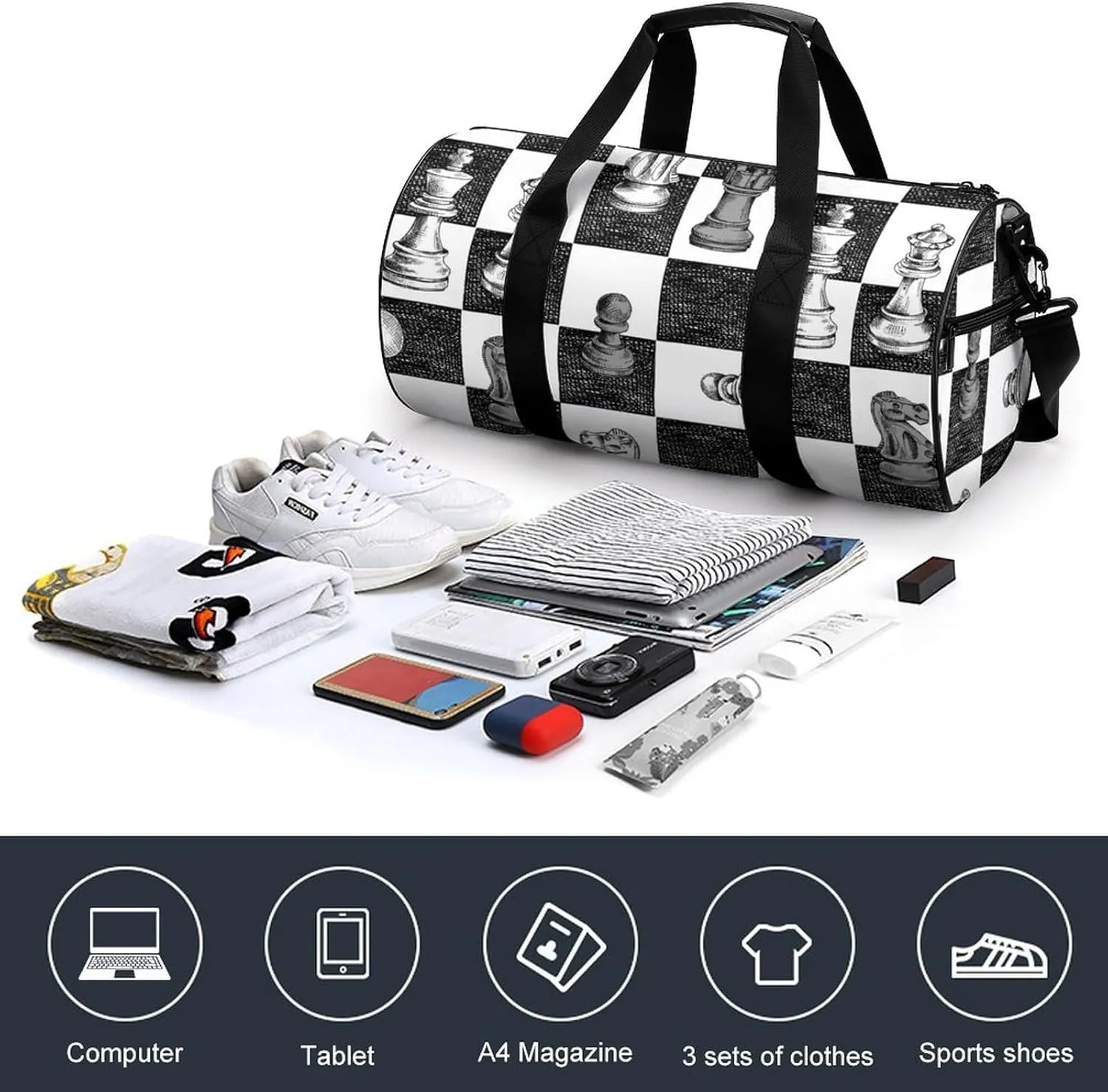 Chess Pattern Duffelbag Utility Bag Cylindrical Duffelbags Picnic Bags Easy Carry Satchels Durable Handbag Sports Duffel Bags 17.7in/9in/9in