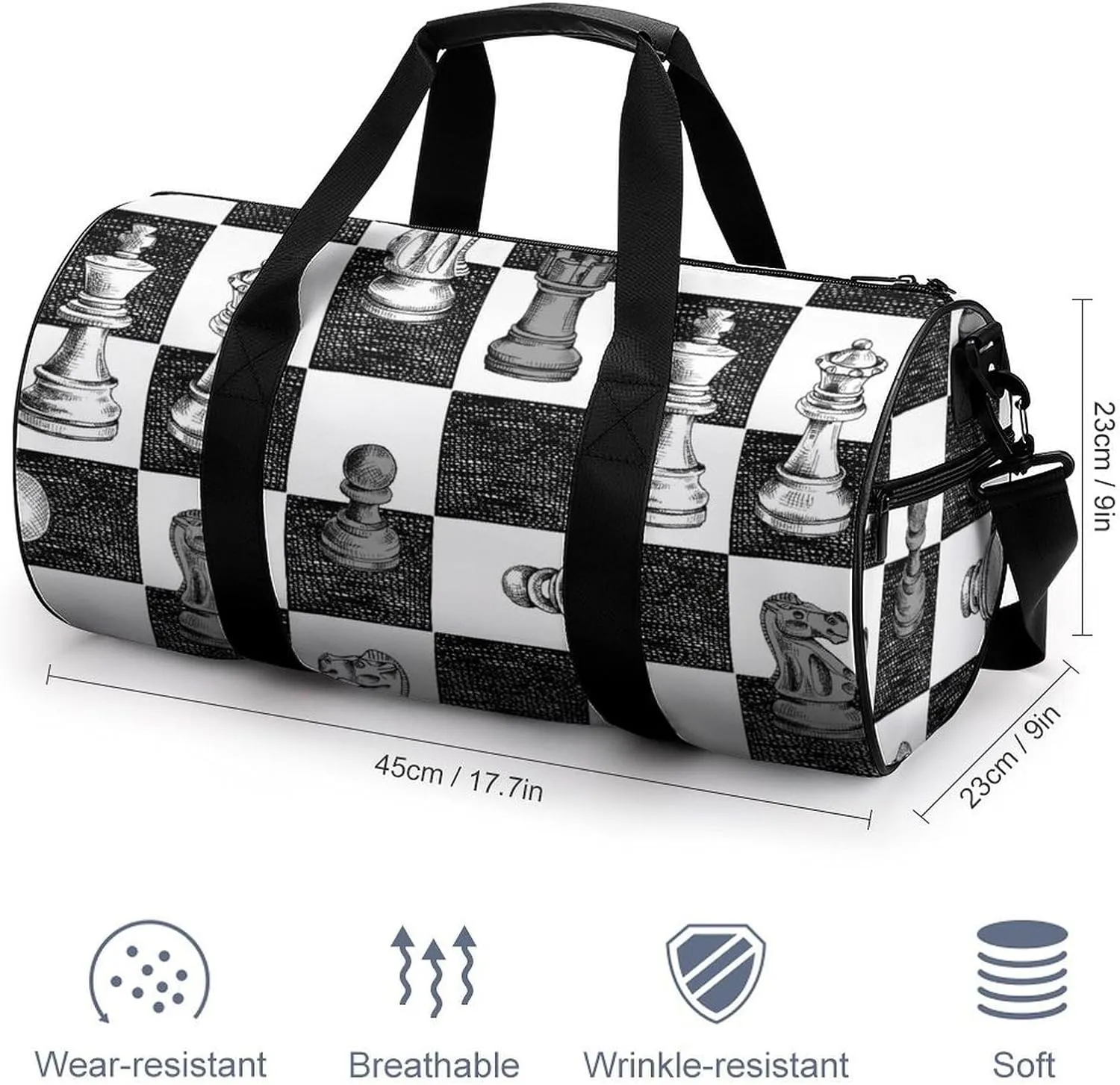 Chess Pattern Duffelbag Utility Bag Cylindrical Duffelbags Picnic Bags Easy Carry Satchels Durable Handbag Sports Duffel Bags 17.7in/9in/9in