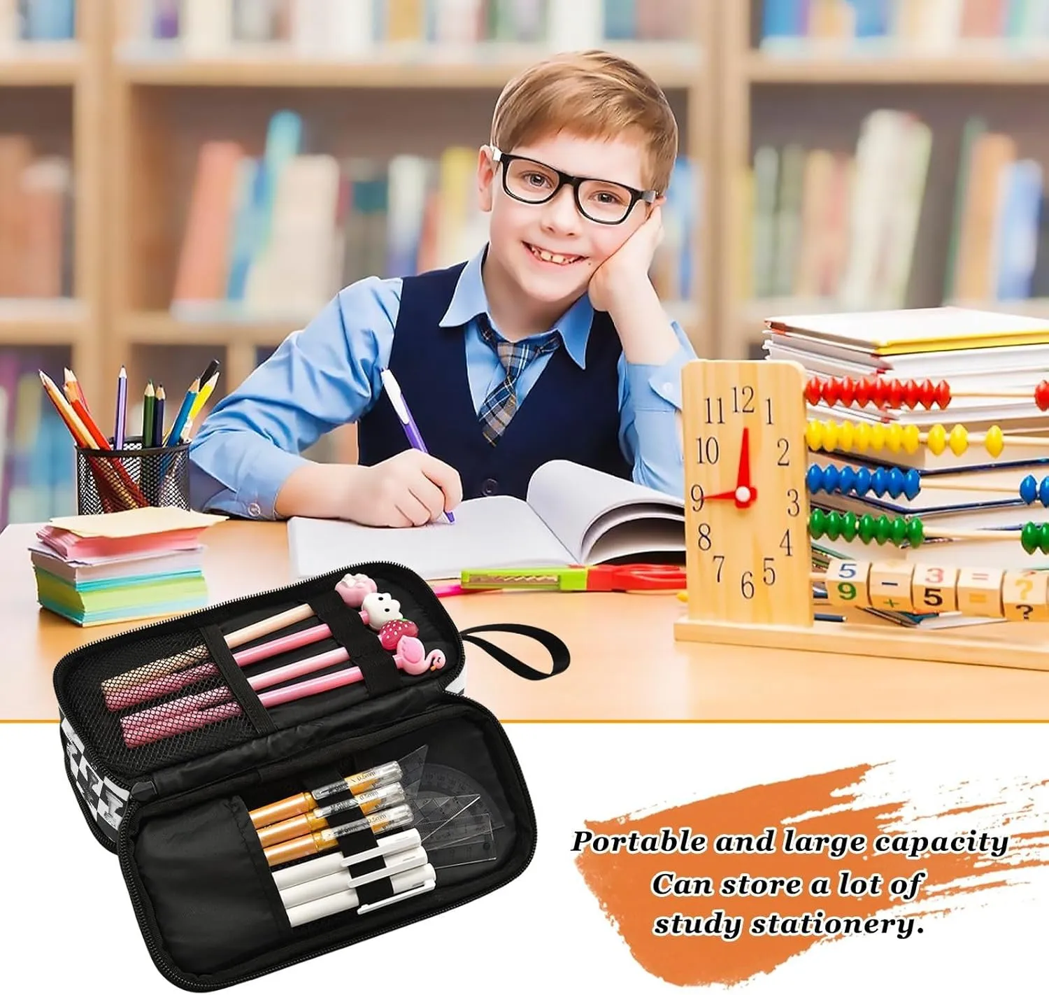 Chess Pencil Case Box Boys Girls Large Pencil Pouch Zipper Compartments Big Capacity Stationery Pen Bag Organizer Kids Teens Adults School