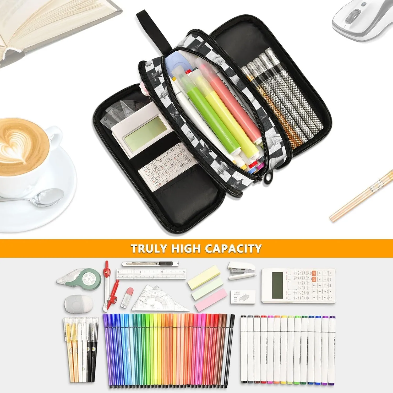 Chess Pencil Case Box Boys Girls Large Pencil Pouch Zipper Compartments Big Capacity Stationery Pen Bag Organizer Kids Teens Adults School