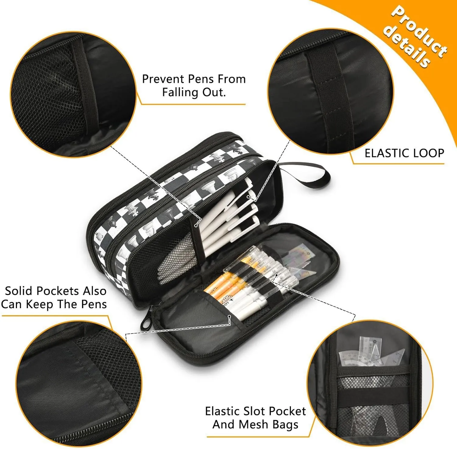 Chess Pencil Case Box Boys Girls Large Pencil Pouch Zipper Compartments Big Capacity Stationery Pen Bag Organizer Kids Teens Adults School