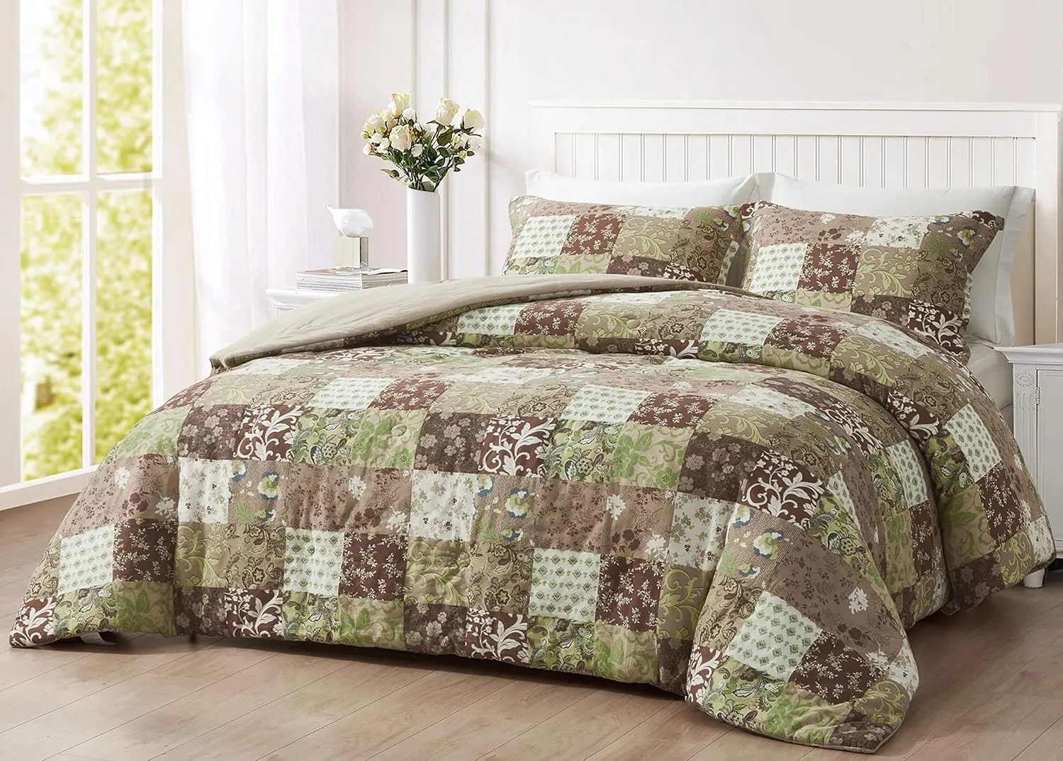Chezmoi Collection Leilani 3-Piece Boho Washed Cotton Comforter Set Queen Size - Bohemian Bedding Set Brown Taupe Green White Floral Printed Patchwork Lightweight Comforter for All Season