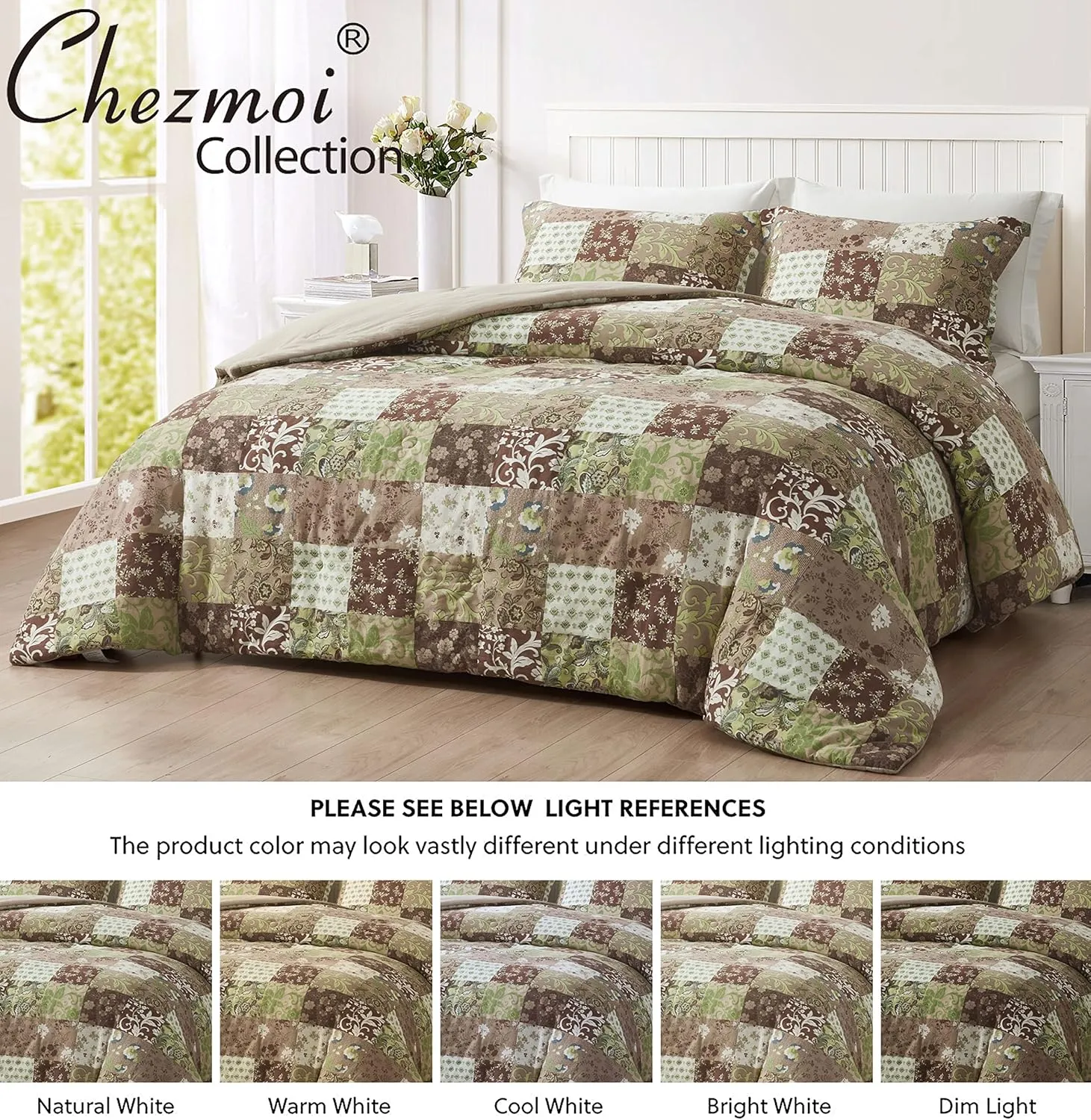 Chezmoi Collection Leilani 3-Piece Boho Washed Cotton Comforter Set Queen Size - Bohemian Bedding Set Brown Taupe Green White Floral Printed Patchwork Lightweight Comforter for All Season