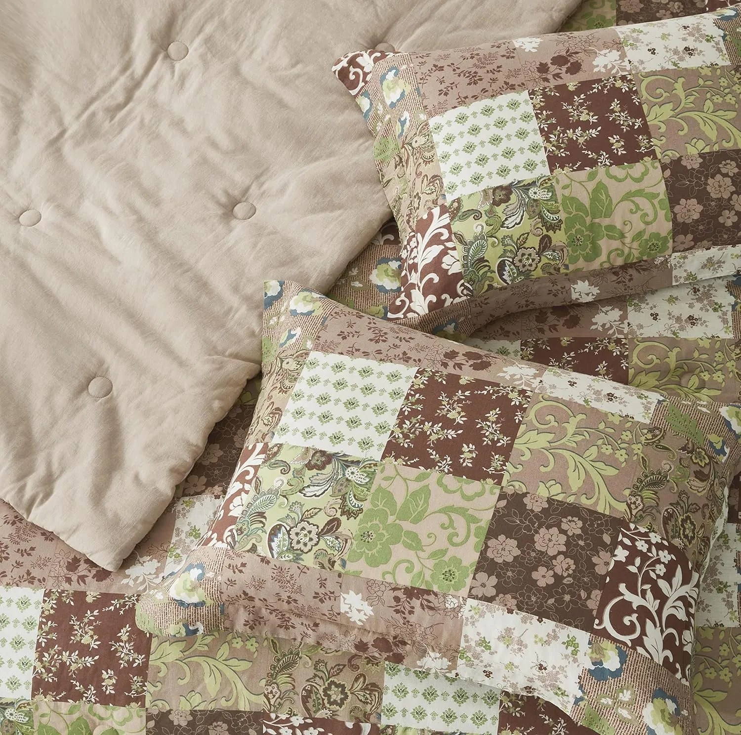 Chezmoi Collection Leilani 3-Piece Boho Washed Cotton Comforter Set Queen Size - Bohemian Bedding Set Brown Taupe Green White Floral Printed Patchwork Lightweight Comforter for All Season
