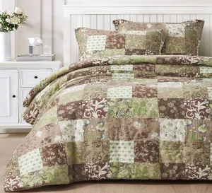 Chezmoi Collection Leilani 3-Piece Boho Washed Cotton Comforter Set Queen Size - Bohemian Bedding Set Brown Taupe Green White Floral Printed Patchwork Lightweight Comforter for All Season