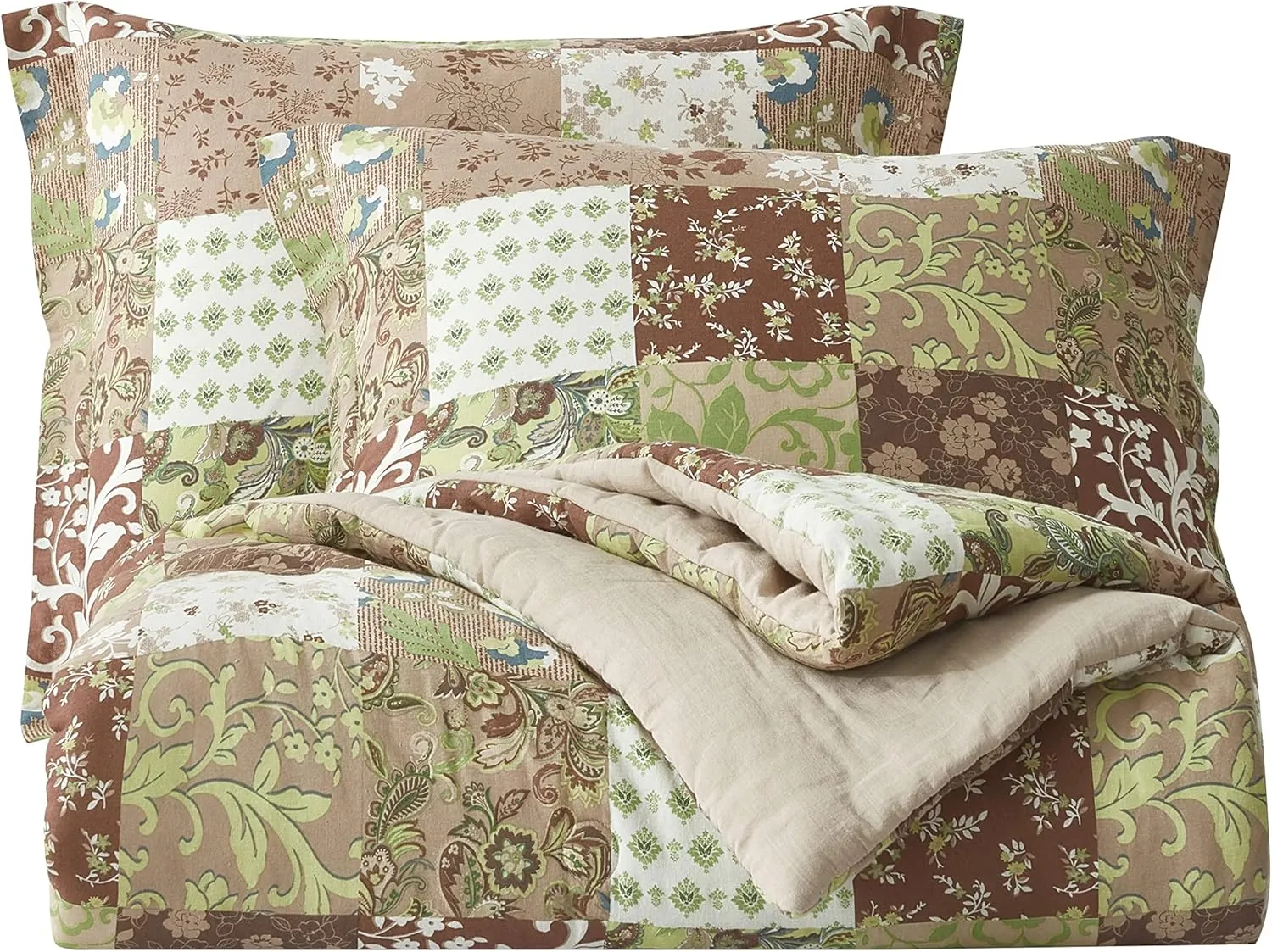 Chezmoi Collection Leilani 3-Piece Boho Washed Cotton Comforter Set Queen Size - Bohemian Bedding Set Brown Taupe Green White Floral Printed Patchwork Lightweight Comforter for All Season