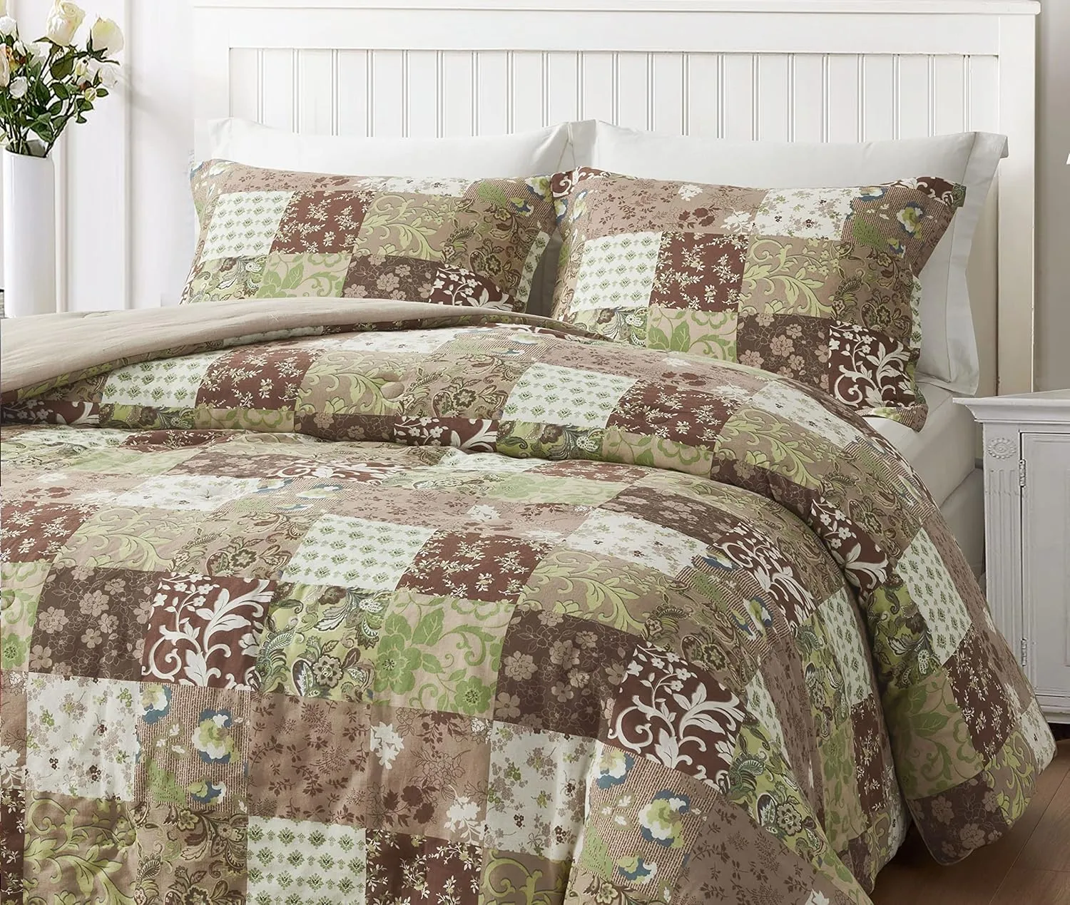 Chezmoi Collection Leilani 3-Piece Boho Washed Cotton Comforter Set Queen Size - Bohemian Bedding Set Brown Taupe Green White Floral Printed Patchwork Lightweight Comforter for All Season