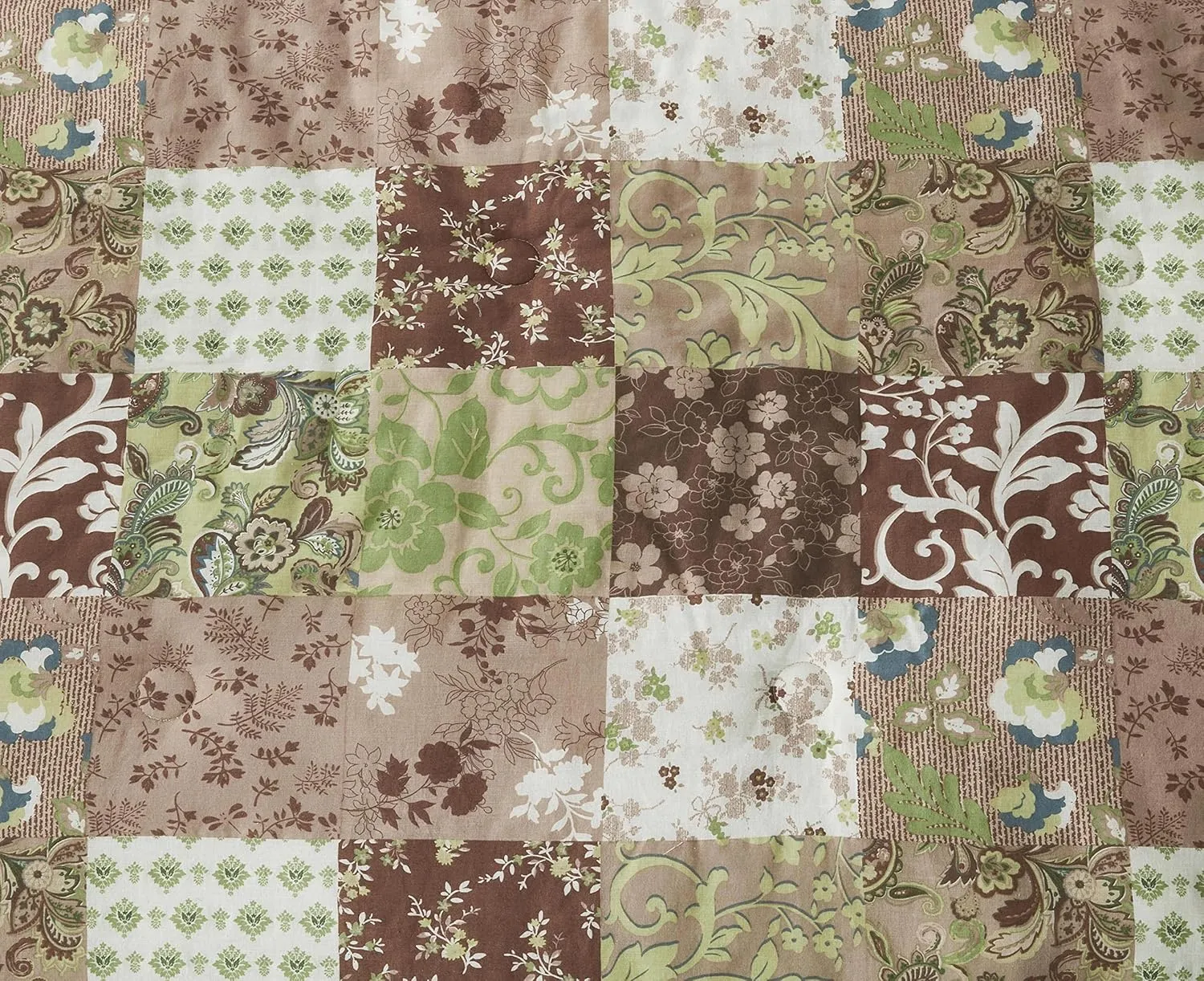 Chezmoi Collection Leilani 3-Piece Boho Washed Cotton Comforter Set Queen Size - Bohemian Bedding Set Brown Taupe Green White Floral Printed Patchwork Lightweight Comforter for All Season
