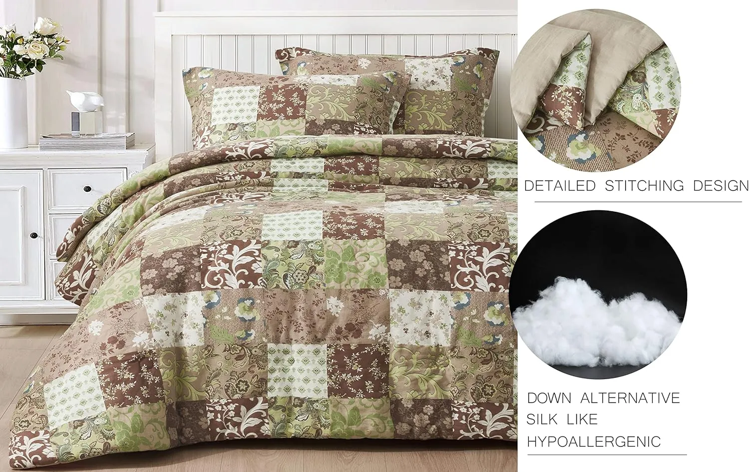 Chezmoi Collection Leilani 3-Piece Boho Washed Cotton Comforter Set Queen Size - Bohemian Bedding Set Brown Taupe Green White Floral Printed Patchwork Lightweight Comforter for All Season