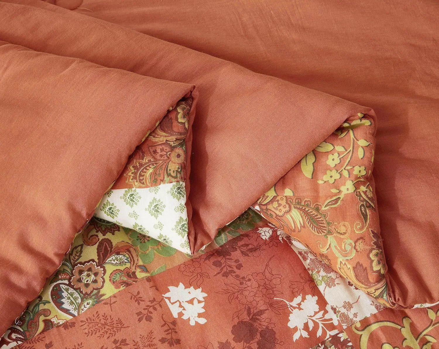 Chezmoi Collection Leilani 3-Piece Boho Washed Cotton Comforter Set Queen Size - Bohemian Bedding Set Orange Green White Floral Printed Patchwork Lightweight Comforter for All Season