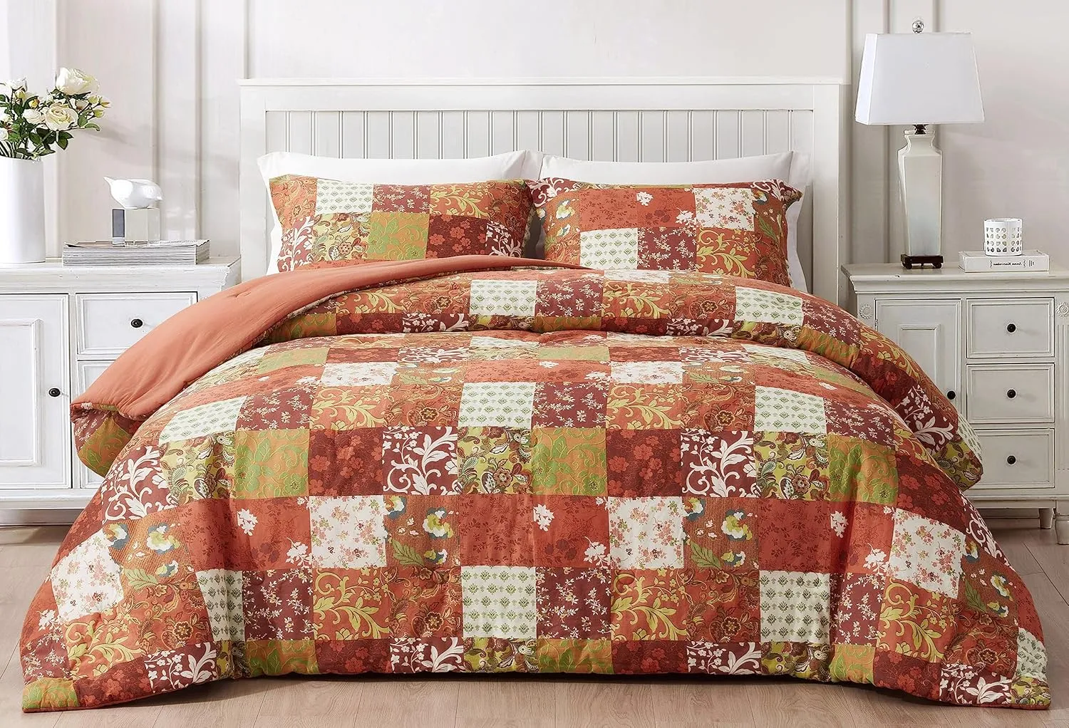 Chezmoi Collection Leilani 3-Piece Boho Washed Cotton Comforter Set Queen Size - Bohemian Bedding Set Orange Green White Floral Printed Patchwork Lightweight Comforter for All Season